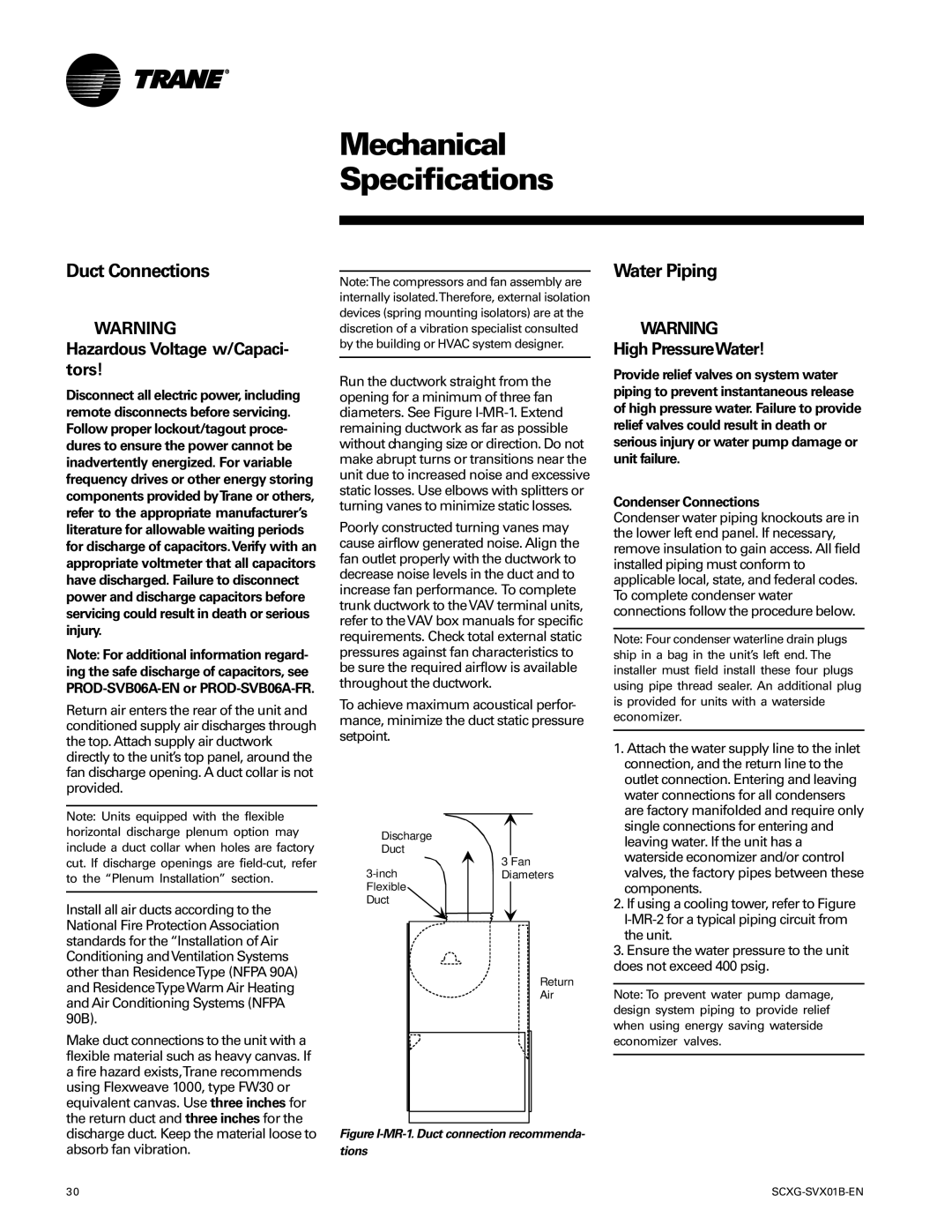 Trane SCXG-SVX01B-EN manual Mechanical Specifications, Duct Connections, Water Piping, Hazardous Voltage w/Capaci- tors 