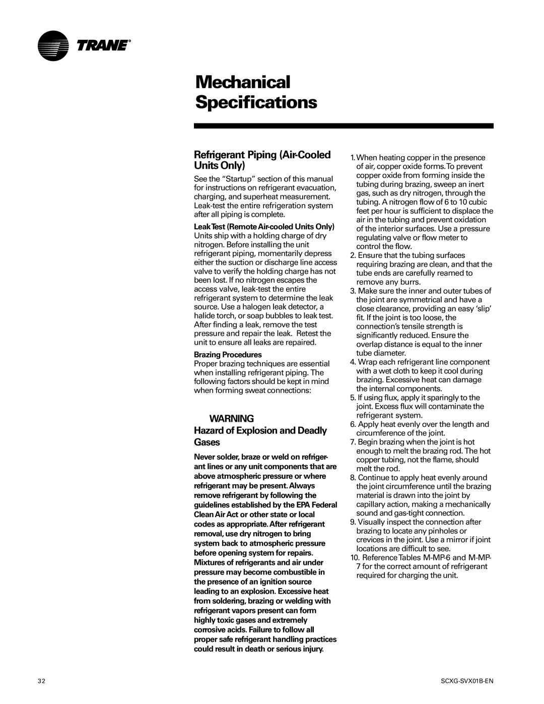 Trane SCXG-SVX01B-EN Refrigerant Piping Air-Cooled Units Only, Hazard of Explosion and Deadly Gases, Brazing Procedures 