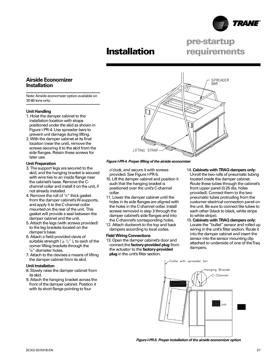 Trane SCXG-SVX01B-EN manual Airside Economizer Installation, Unit Handling, Unit Preparation, Unit Installation 