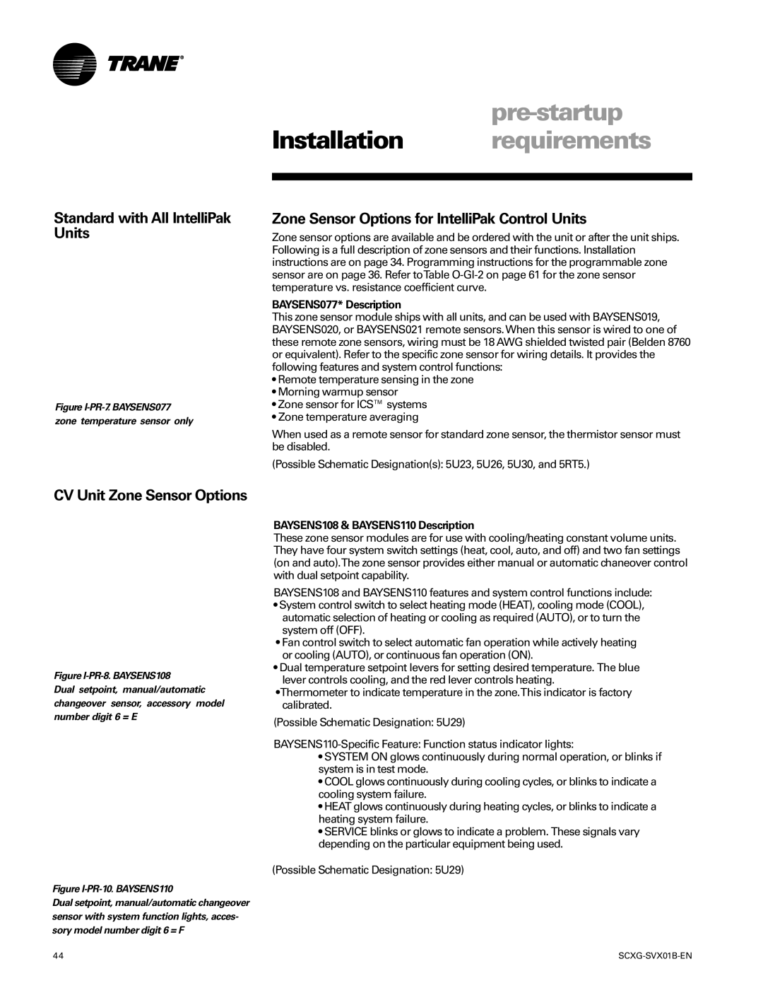 Trane SCXG-SVX01B-EN manual Standard with All IntelliPak Units, Zone Sensor Options for IntelliPak Control Units 