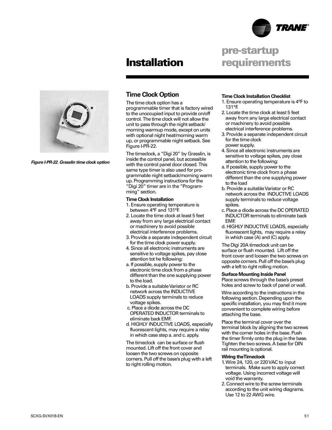 Trane SCXG-SVX01B-EN manual Time Clock Option, Time Clock Installation Checklist, Surface Mounting Inside Panel 