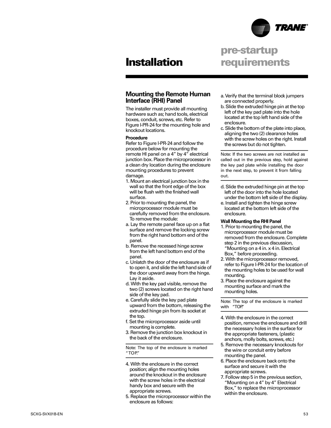 Trane SCXG-SVX01B-EN manual Mounting the Remote Human Interface RHI Panel, Procedure, Wall Mounting the RHI Panel 