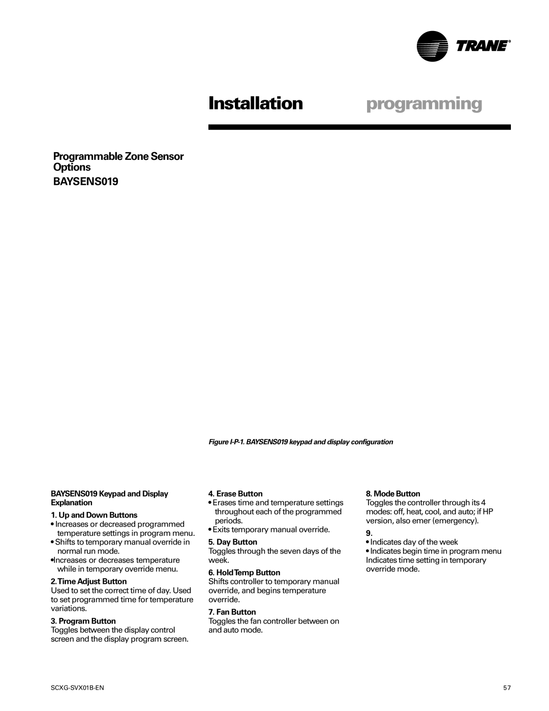 Trane SCXG-SVX01B-EN manual Installation programming, Programmable Zone Sensor Options 