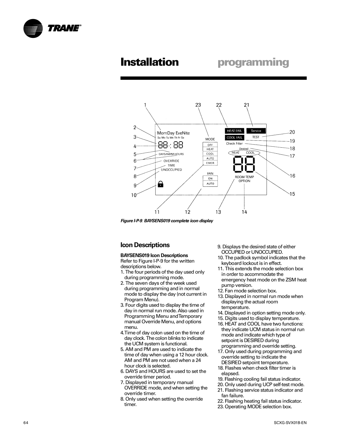 Trane SCXG-SVX01B-EN manual Icon Descriptions, Figure I-P-9.BAYSENS019 complete icon display 