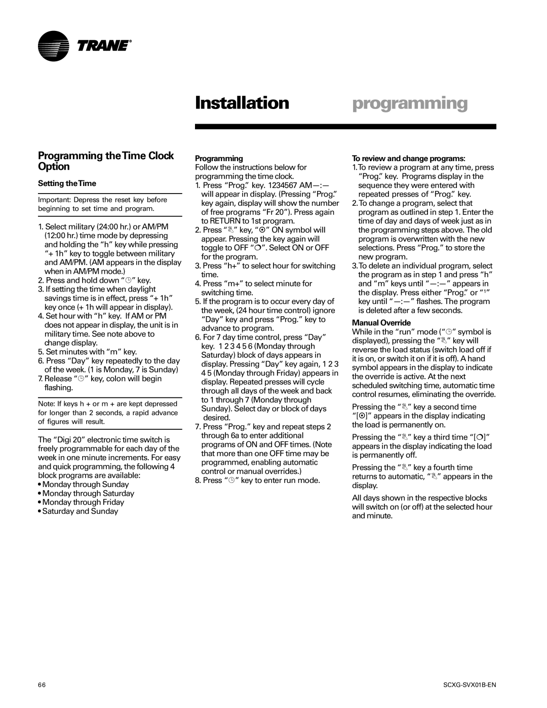 Trane SCXG-SVX01B-EN Programming theTime Clock Option, Setting theTime, To review and change programs, Manual Override 