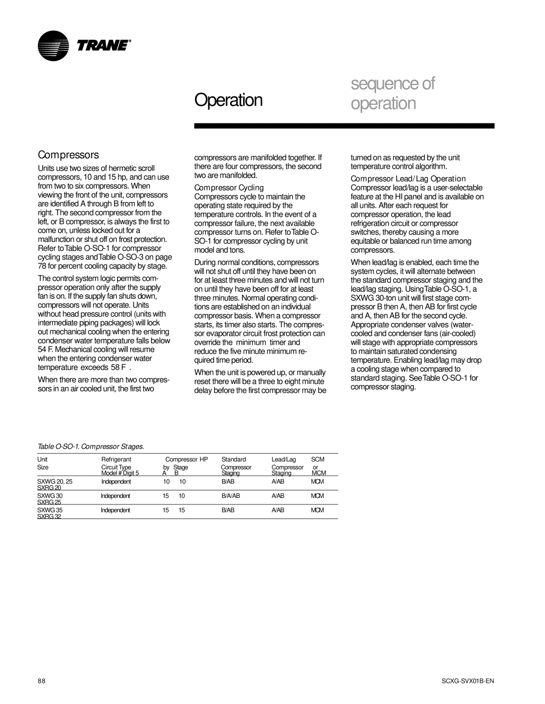 Trane SCXG-SVX01B-EN manual Compressors, Compressor Lead/Lag Operation, Table O-SO-1. Compressor Stages 