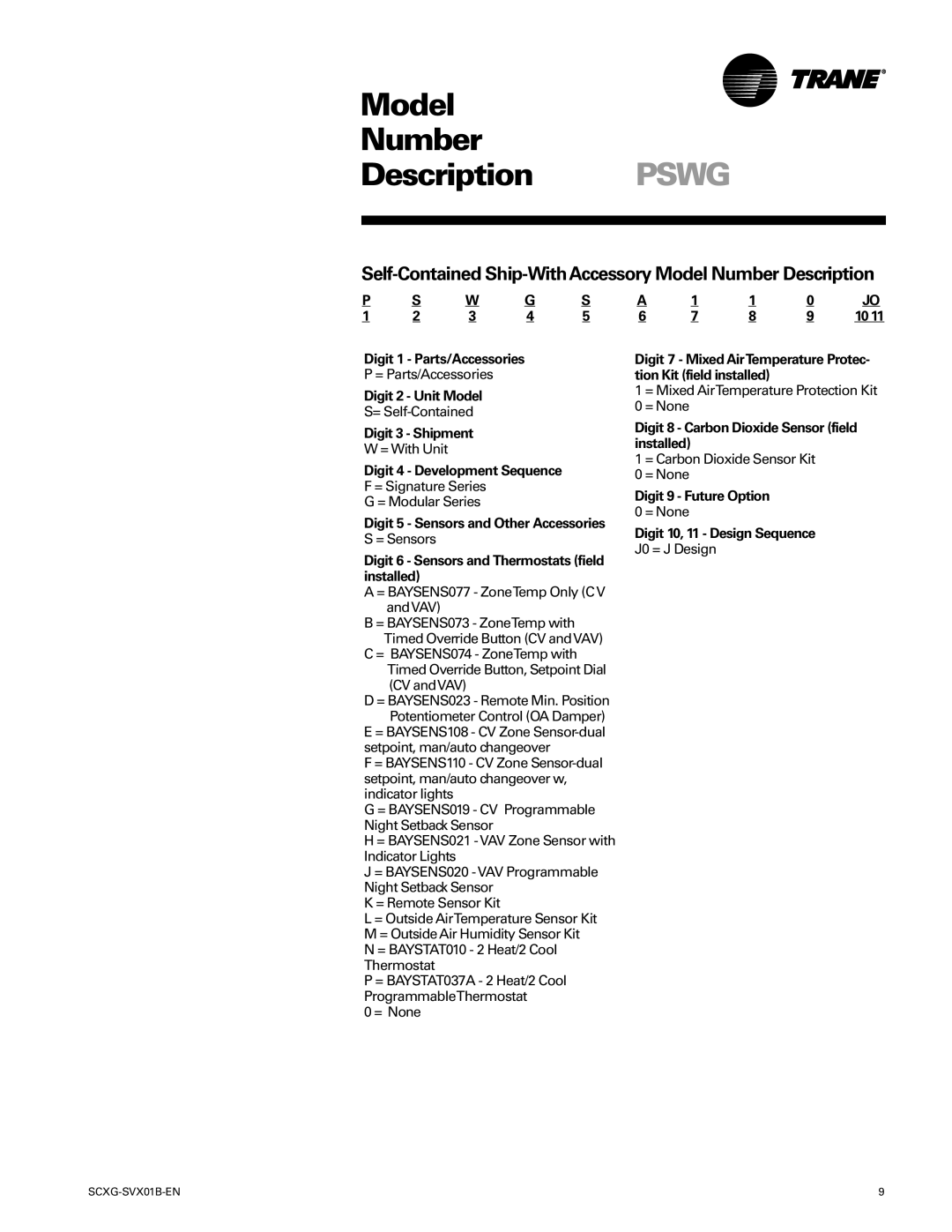 Trane SCXG-SVX01B-EN manual Model Number Description Pswg, Self-Contained Ship-WithAccessory Model Number Description 