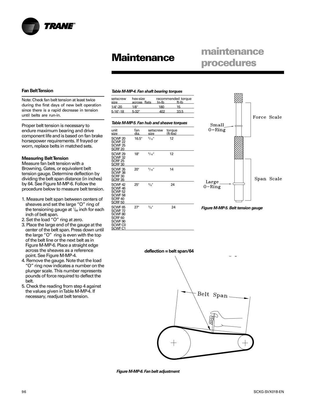 Trane SCXG-SVX01B-EN manual Fan BeltTension, Deflection = belt span/64, Table M-MP-4. Fan shaft bearing torques 