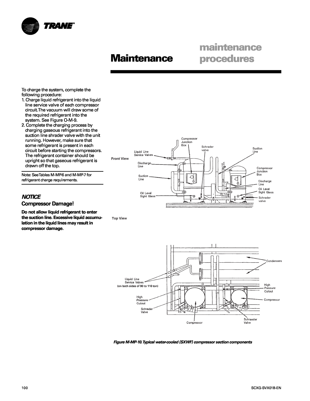 Trane SCXG-SVX01B-EN manual Maintenance, maintenance procedures, Notice, Compressor Damage 