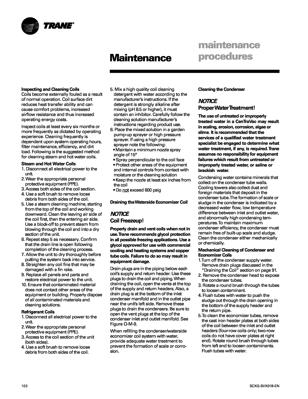 Trane SCXG-SVX01B-EN maintenance, Maintenance procedures, Coil Freezeup, Notice, ProperWaterTreatment, Refrigerant Coils 