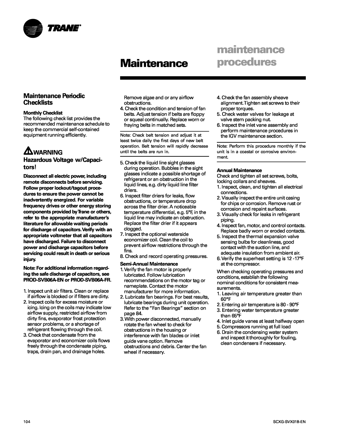 Trane SCXG-SVX01B-EN manual Maintenance Periodic Checklists, maintenance, Maintenance procedures, Monthly Checklist 