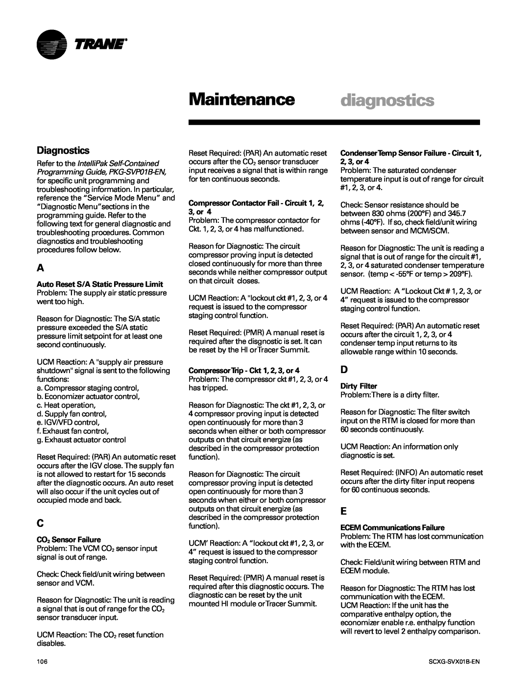 Trane SCXG-SVX01B-EN Maintenance diagnostics, Diagnostics, CO2 Sensor Failure, Dirty Filter, ECEM Communications Failure 