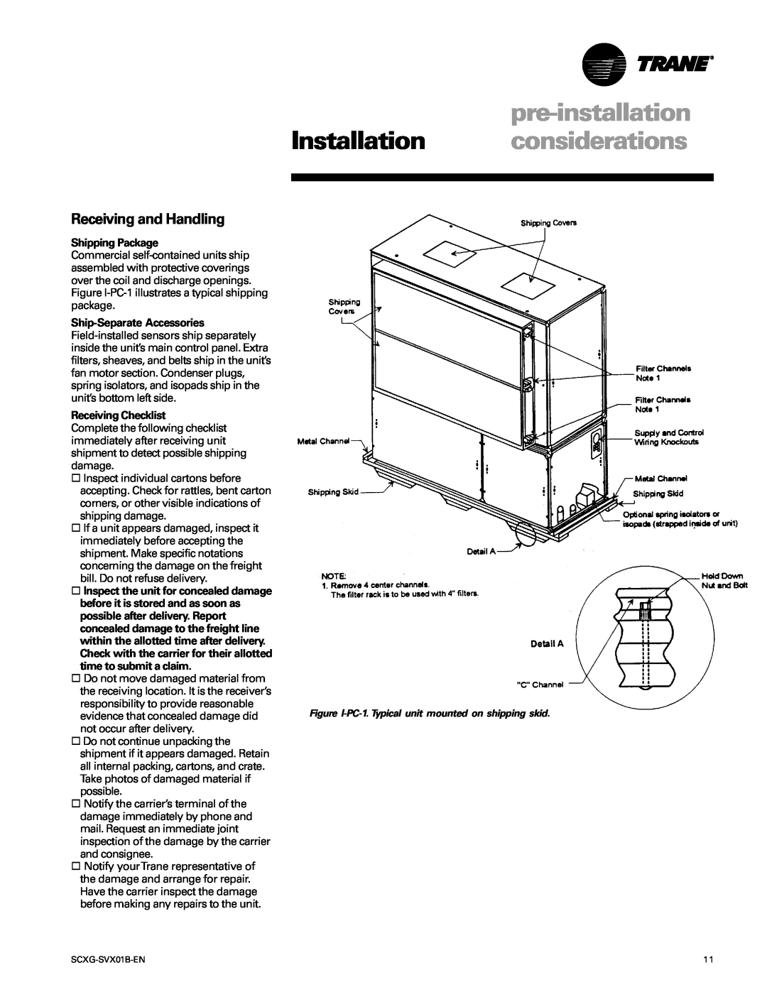 Trane SCXG-SVX01B-EN manual pre-installation Installation considerations, Receiving and Handling, Shipping Package 
