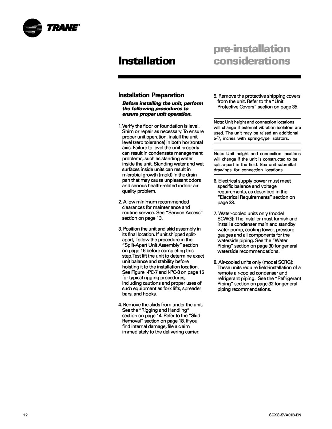 Trane SCXG-SVX01B-EN manual Installation Preparation, pre-installation Installation considerations 
