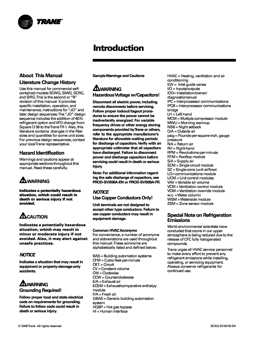 Trane SCXG-SVX01B-EN manual Introduction, Hazard Identification, Special Note on Refrigeration Emissions, Notice 