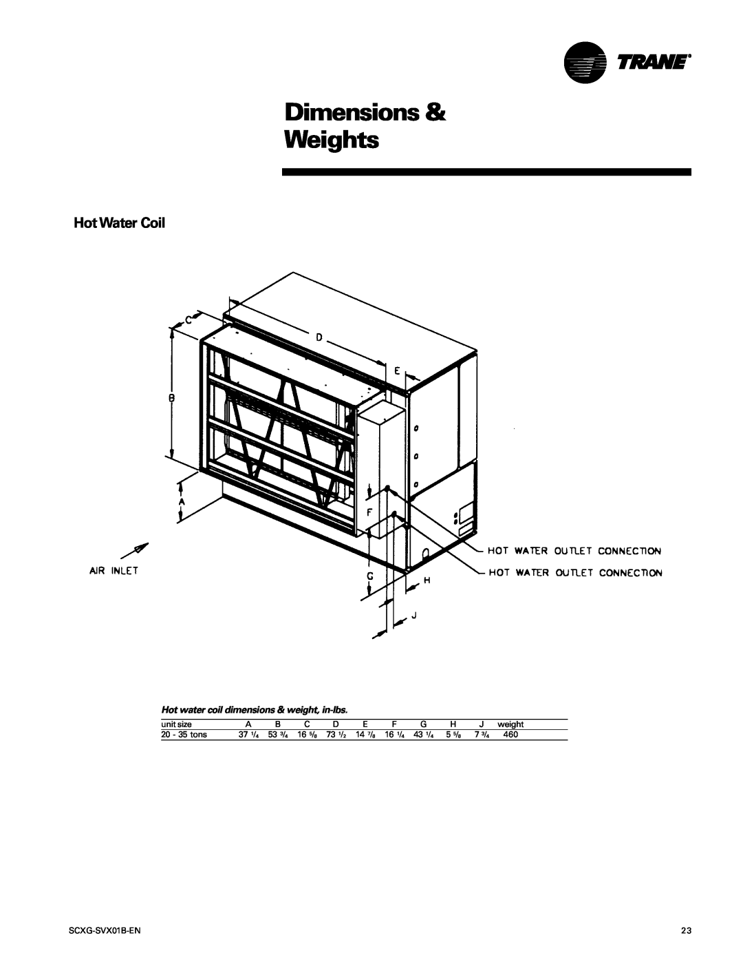 Trane SCXG-SVX01B-EN manual Hot Water Coil, Dimensions & Weights, Hot water coil dimensions & weight, in-lbs 