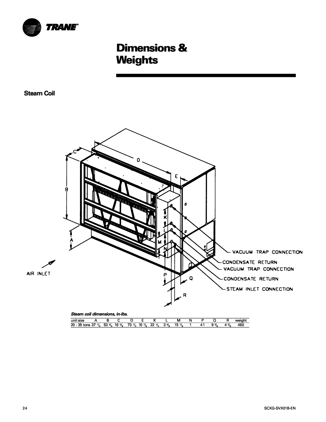 Trane SCXG-SVX01B-EN manual Steam Coil, Dimensions & Weights, Steam coil dimensions, in-lbs 