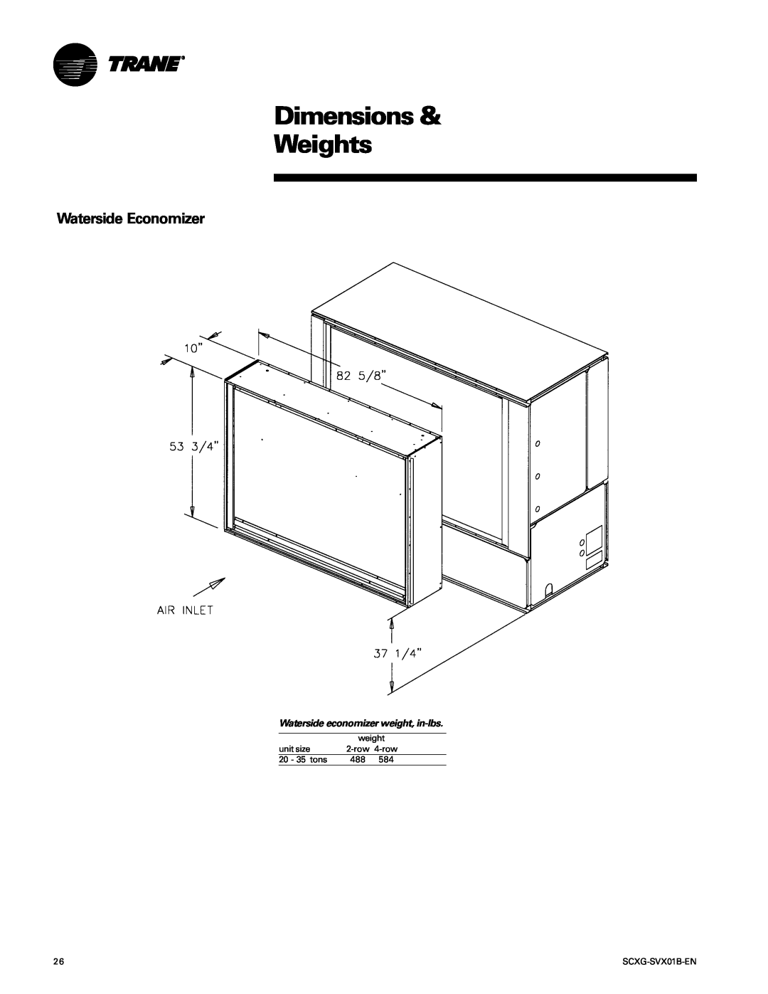 Trane SCXG-SVX01B-EN manual Waterside Economizer, Dimensions & Weights, Waterside economizer weight, in-lbs 