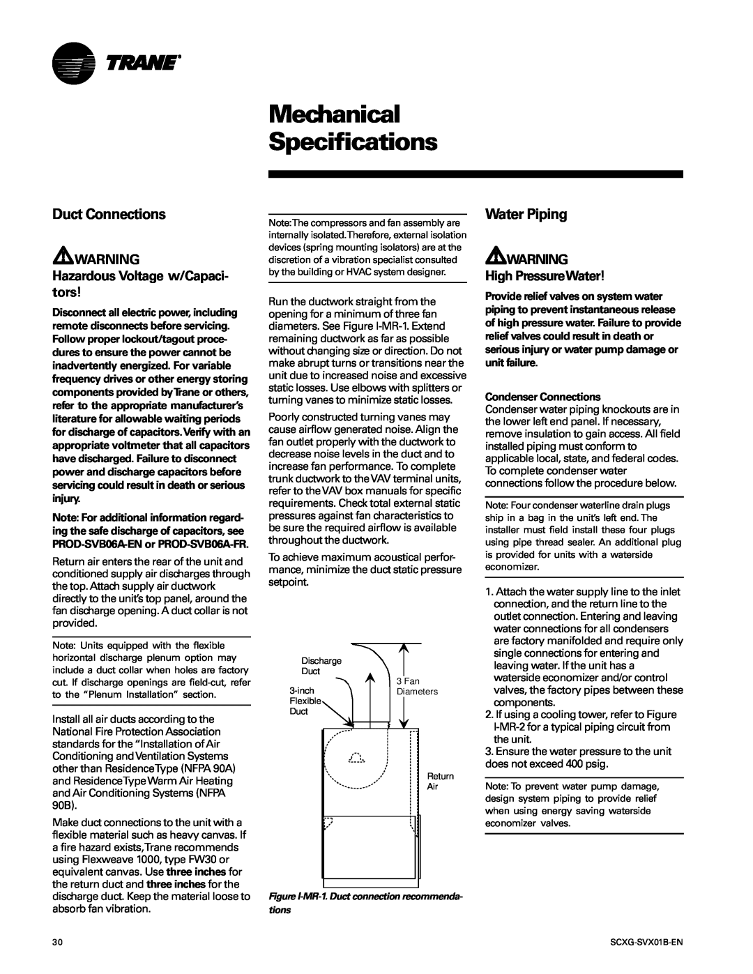 Trane SCXG-SVX01B-EN manual Mechanical Specifications, Duct Connections, Water Piping, Hazardous Voltage w/Capaci- tors 