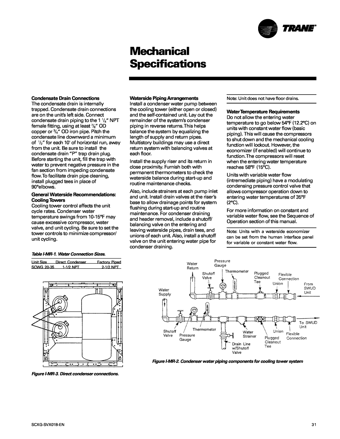 Trane SCXG-SVX01B-EN manual Mechanical Specifications, General Waterside Recommendations Cooling Towers 