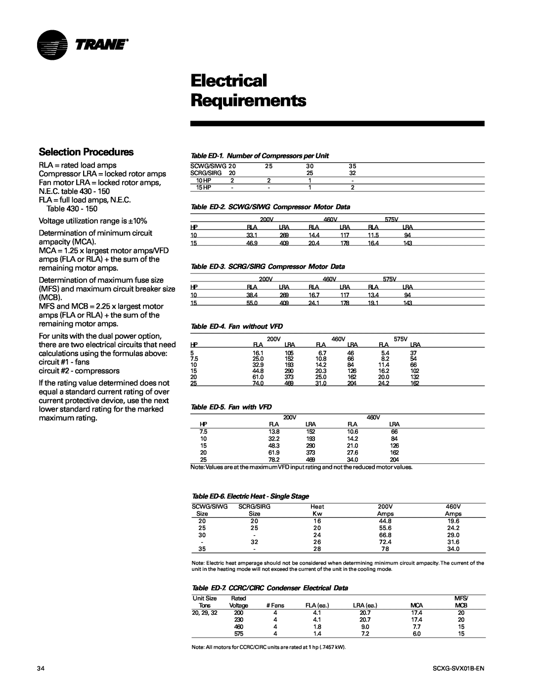 Trane SCXG-SVX01B-EN manual Selection Procedures, Electrical Requirements 