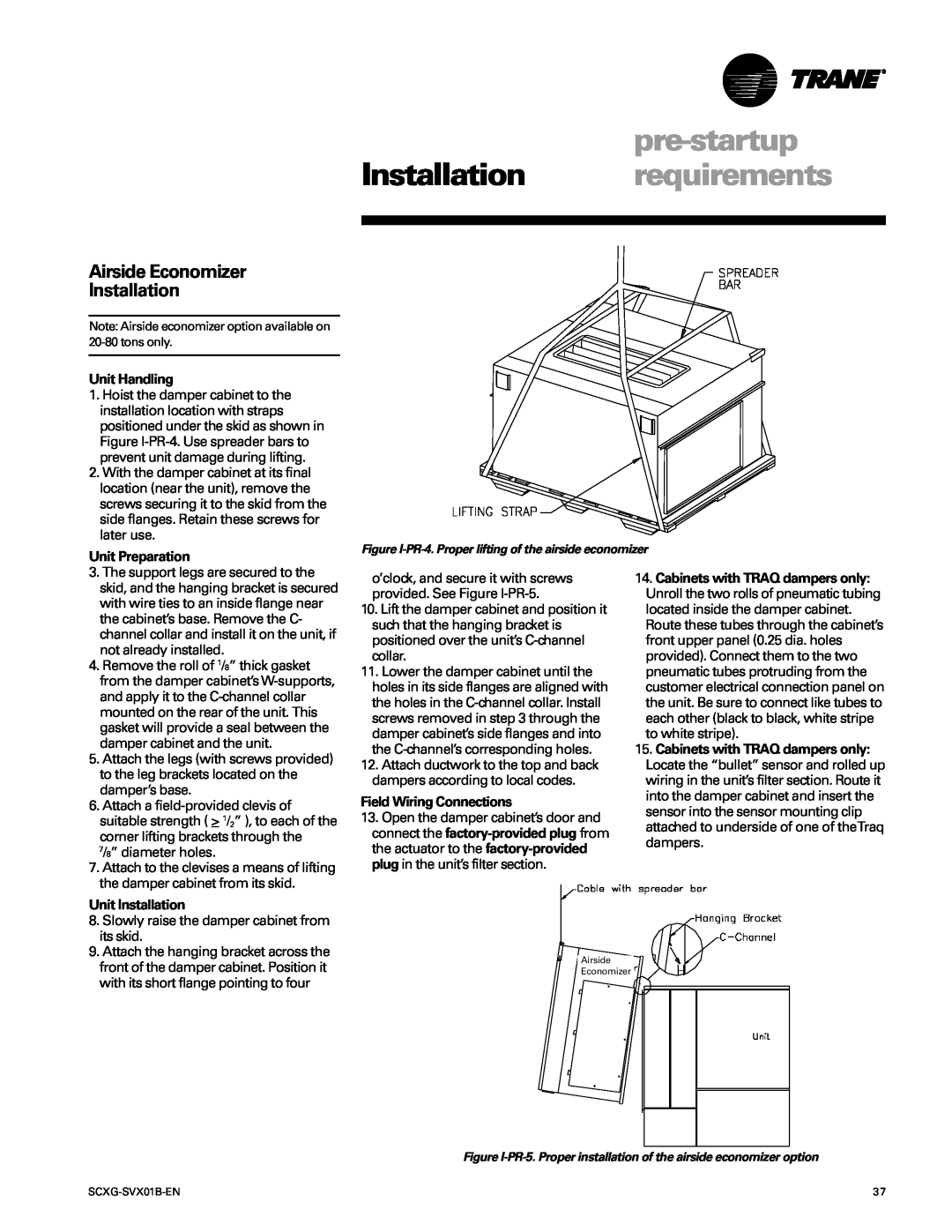 Trane SCXG-SVX01B-EN manual Airside Economizer Installation, pre-startup, Installation requirements, Unit Handling 