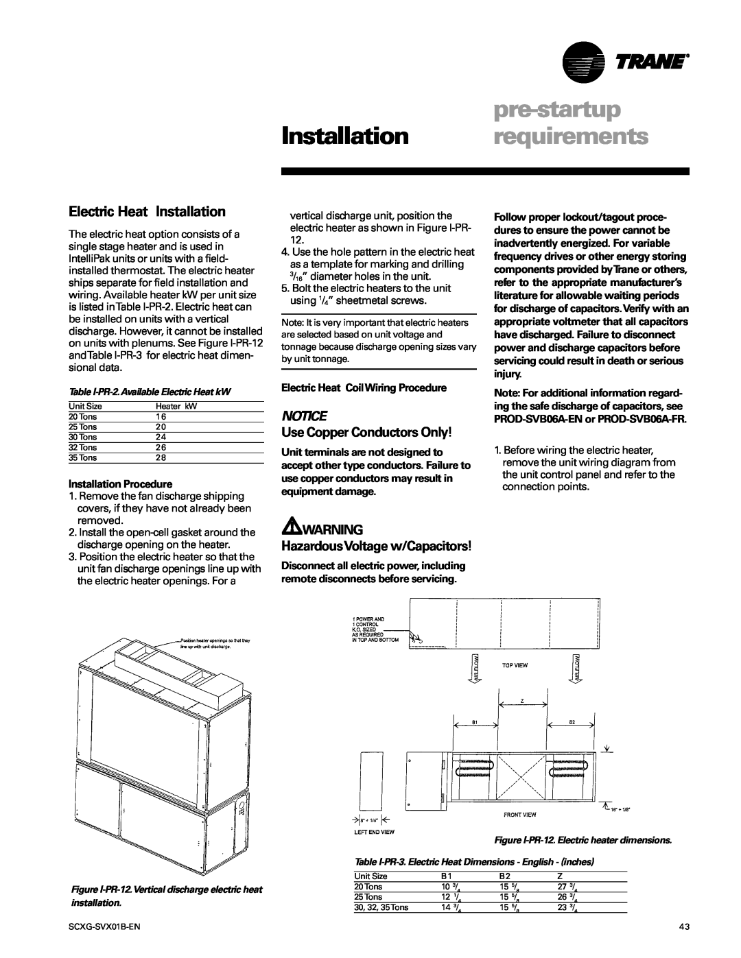 Trane SCXG-SVX01B-EN Electric Heat Installation, pre-startup, Installation requirements, Notice, Installation Procedure 