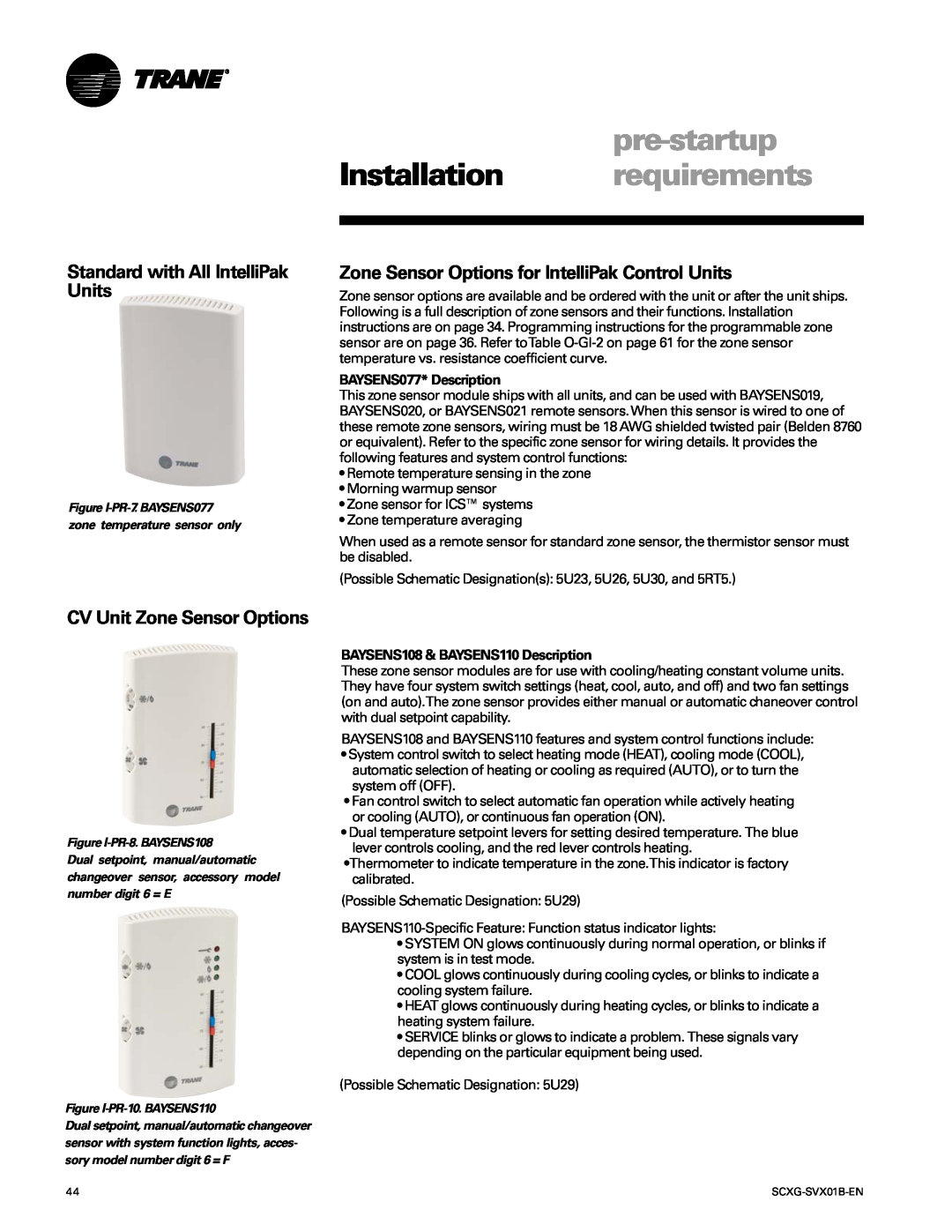 Trane SCXG-SVX01B-EN Standard with All IntelliPak Units, Zone Sensor Options for IntelliPak Control Units, pre-startup 
