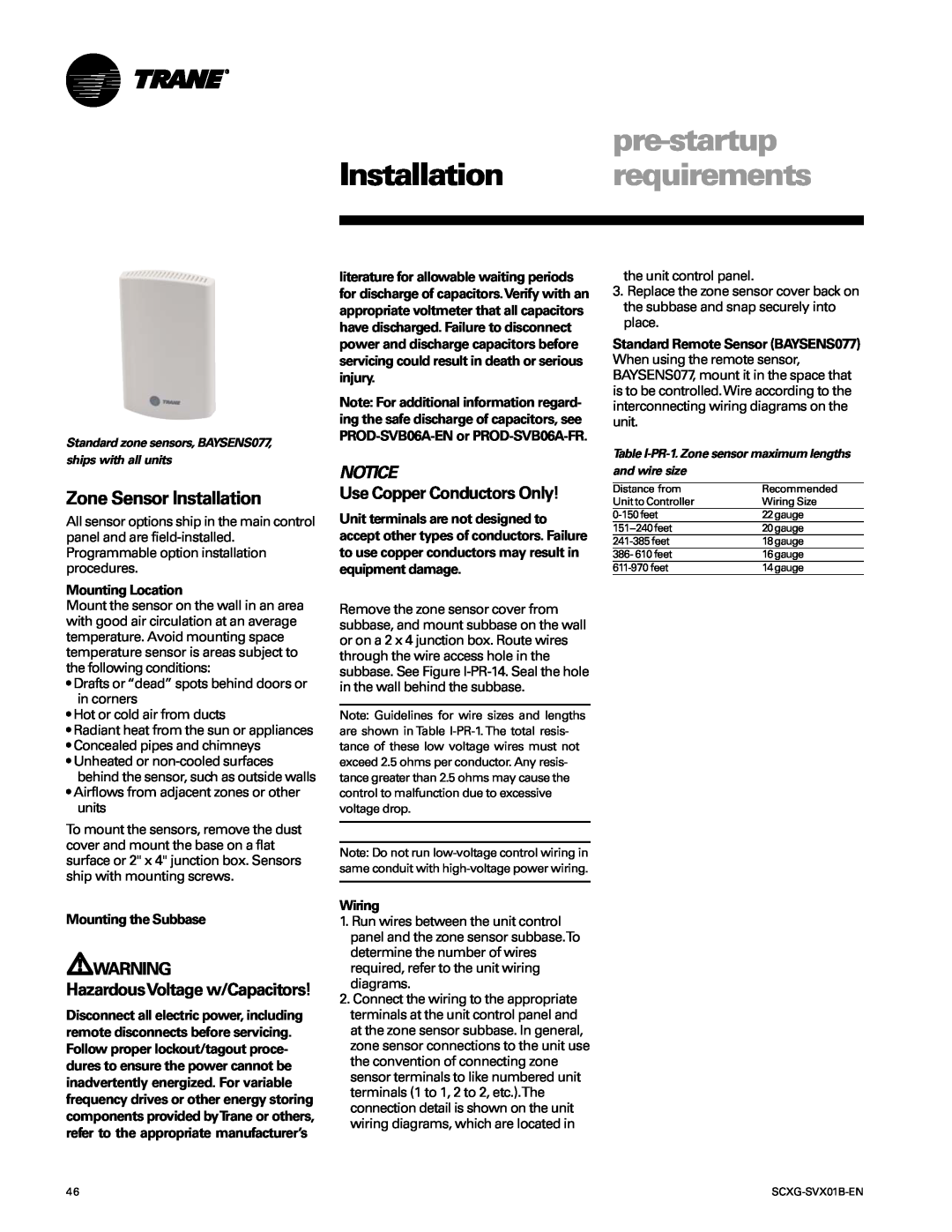 Trane SCXG-SVX01B-EN manual Zone Sensor Installation, pre-startup, Installation requirements, HazardousVoltage w/Capacitors 