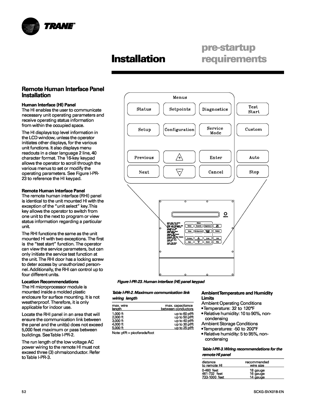 Trane SCXG-SVX01B-EN manual Remote Human Interface Panel Installation, pre-startup, Installation requirements 
