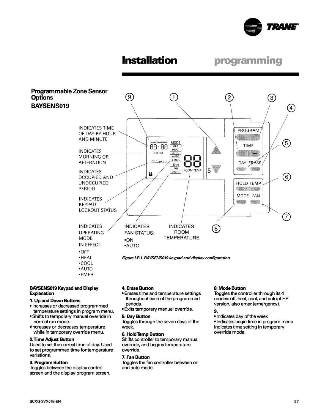 Trane SCXG-SVX01B-EN manual Installation programming, Programmable Zone Sensor Options BAYSENS019, Up and Down Buttons 