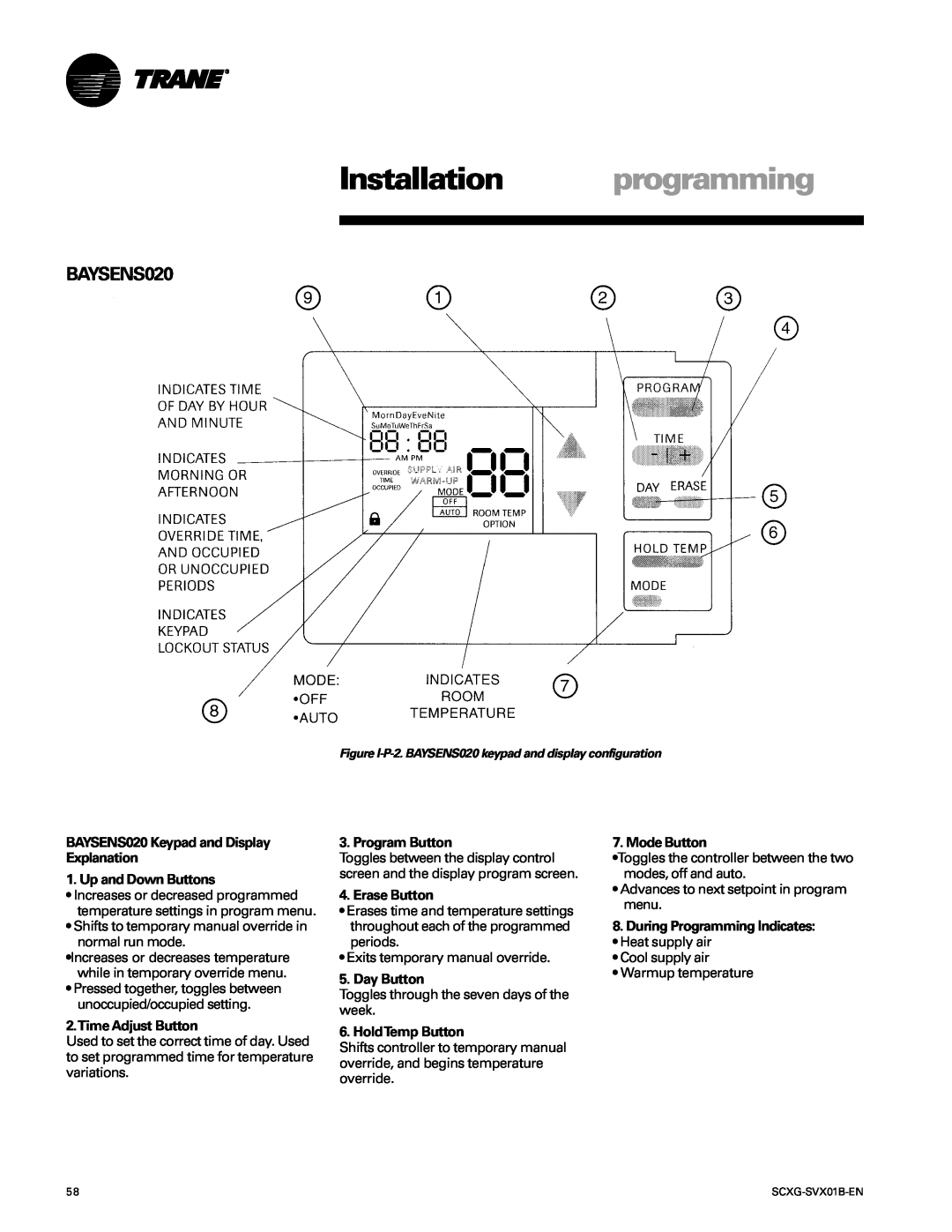 Trane SCXG-SVX01B-EN manual Installation programming, BAYSENS020 Keypad and Display Explanation, Up and Down Buttons 
