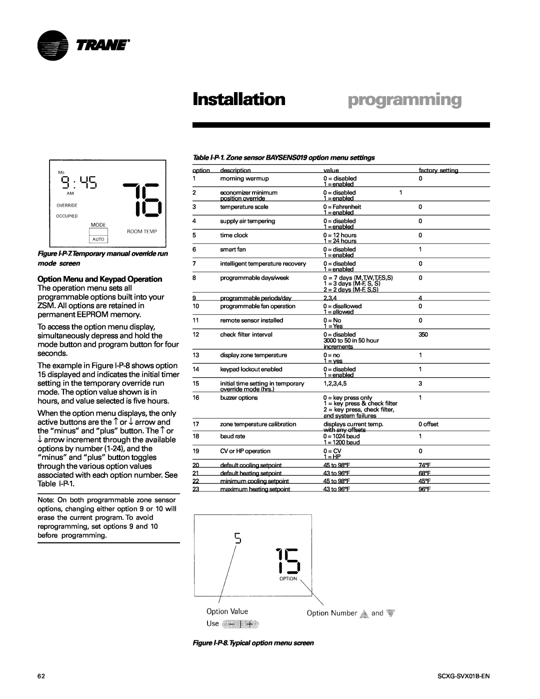 Trane SCXG-SVX01B-EN manual Installation programming, Figure I-P-8.Typicaloption menu screen 
