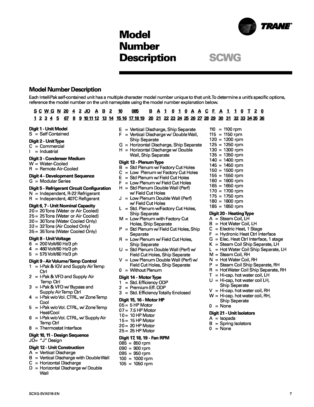 Trane SCXG-SVX01B-EN manual Model Number Description SCWG, W G N, Jo A, 1 0 1 0 A A C F, 1 0 T 2, 22 23 24 25 26 27 28 