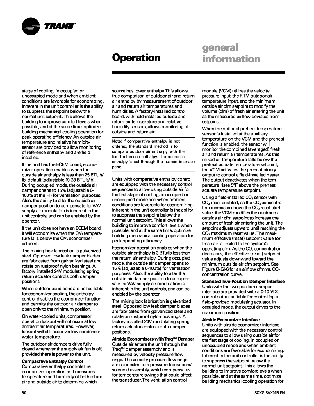 Trane SCXG-SVX01B-EN manual general Operation information, Airside Economizer Interface 