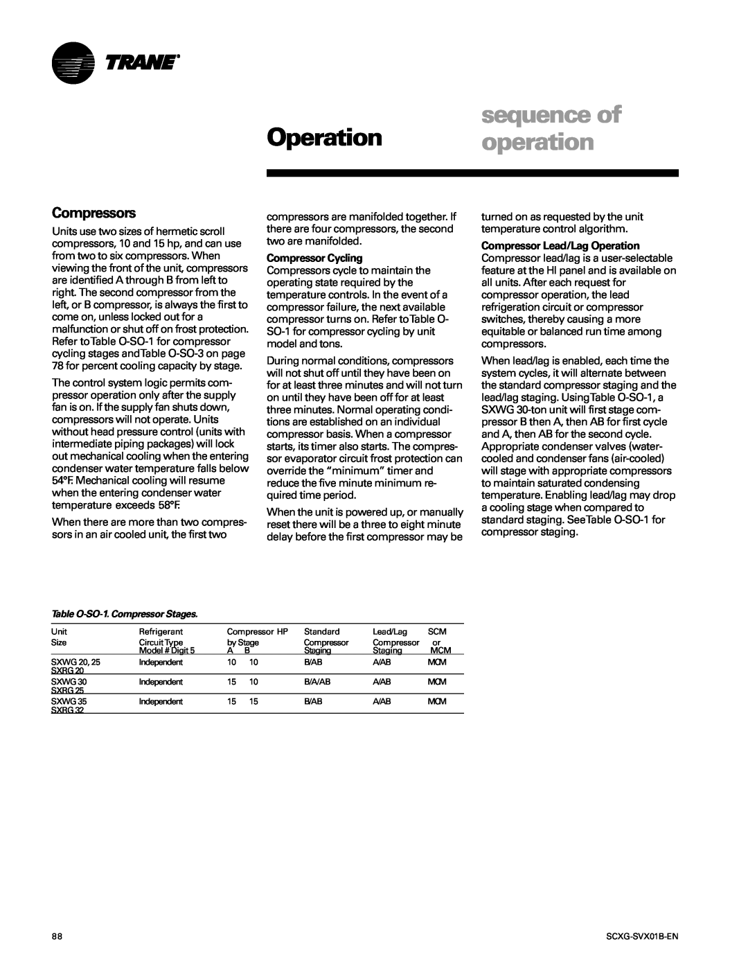 Trane SCXG-SVX01B-EN manual Compressors, sequence of, Operation operation, Compressor Lead/Lag Operation 