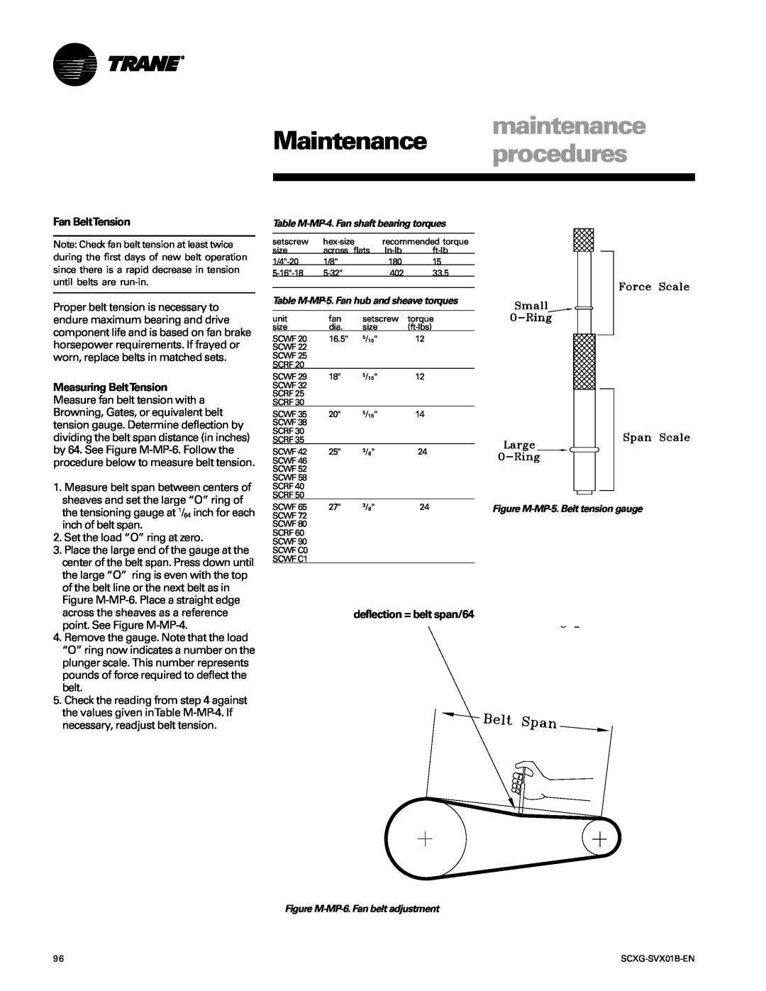 Trane SCXG-SVX01B-EN manual maintenance, Maintenance procedures, Fan BeltTension, deflection = belt span/64 