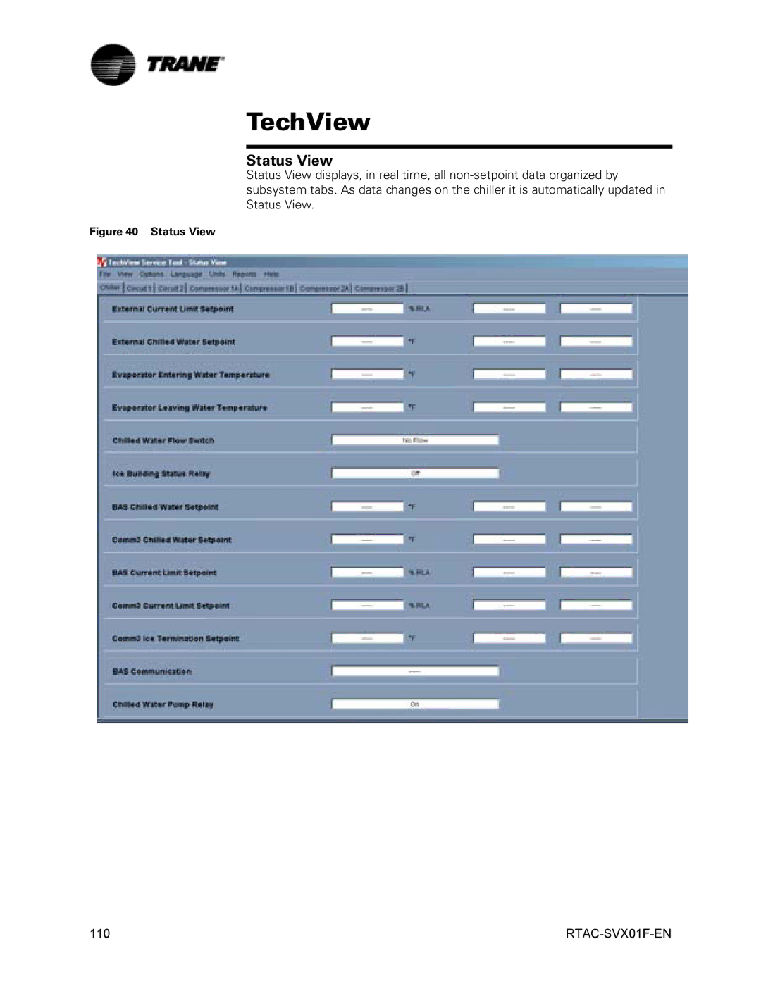 Trane RTAC 140-400 ton units (50 HZ), Series R Air-Cooled Helical Rotary Liquid Chillers manual Status View 