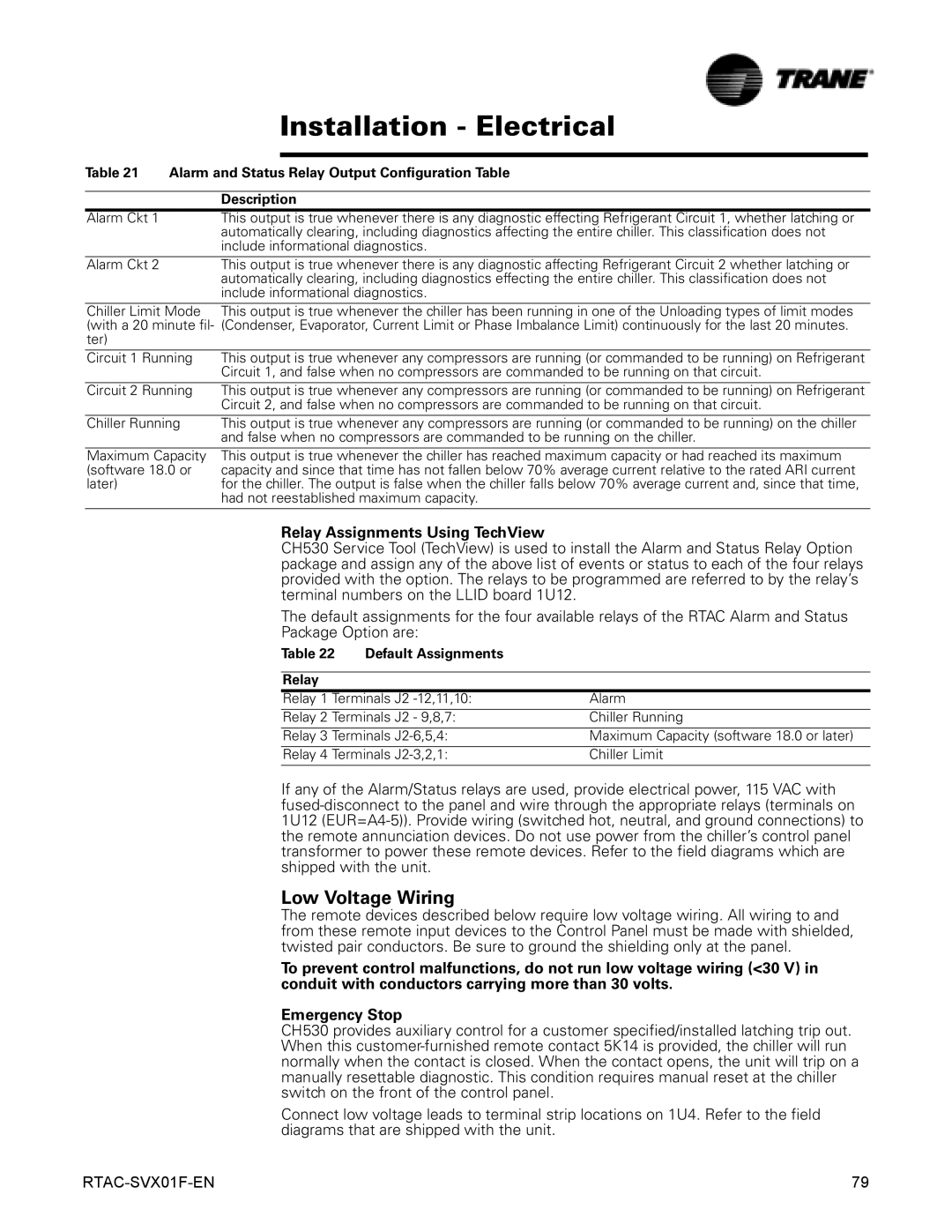 Trane RTAC 140-500 ton units (60 Hz) manual Low Voltage Wiring, Relay Assignments Using TechView, Default Assignments Relay 