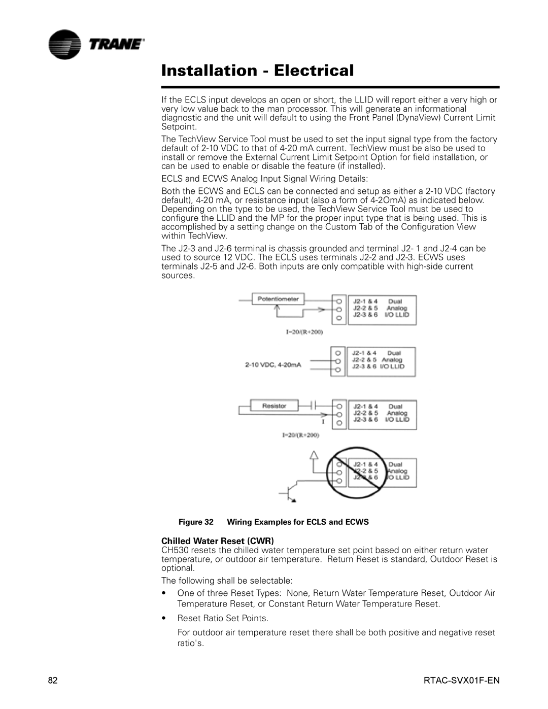 Trane RTAC 140-500 ton units (60 Hz) manual Chilled Water Reset CWR, Wiring Examples for Ecls and Ecws 