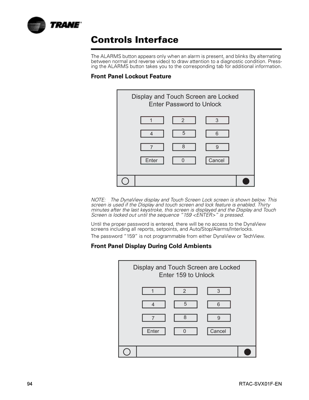 Trane RTAC 140-500 ton units (60 Hz) manual Front Panel Lockout Feature, Front Panel Display During Cold Ambients 