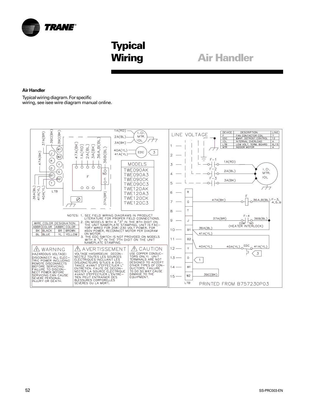 Trane SS-PRC003-EN manual Typical Wiring, Air Handler 