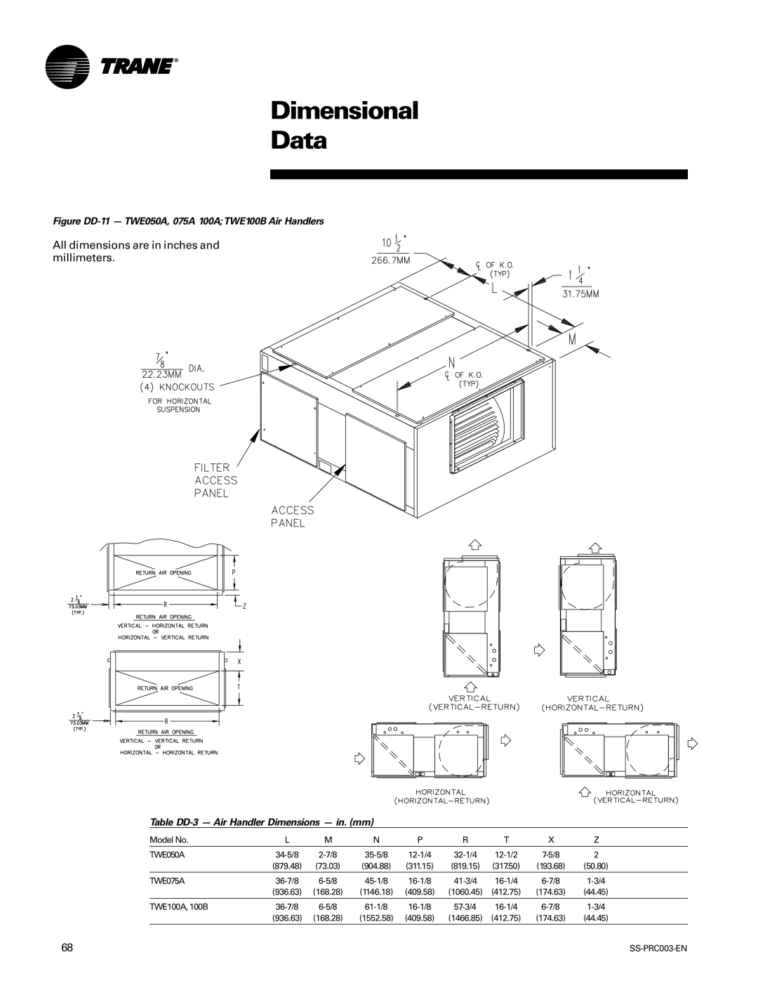 Trane SS-PRC003-EN manual Table DD-3 Air Handler Dimensions in. mm, TWE100A, 100B 