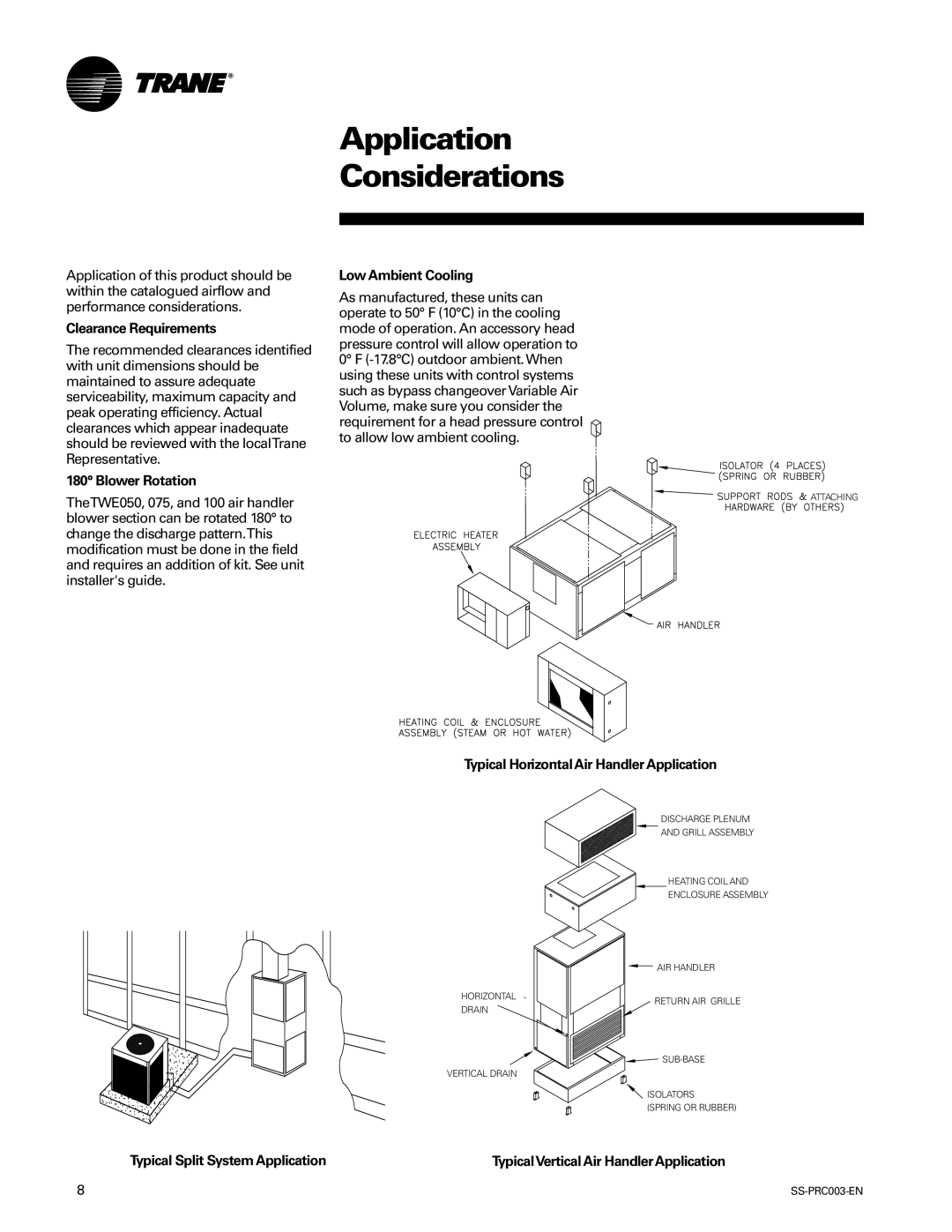 Trane SS-PRC003-EN Clearance Requirements, Blower Rotation, Low Ambient Cooling, Typical HorizontalAir Handler Application 