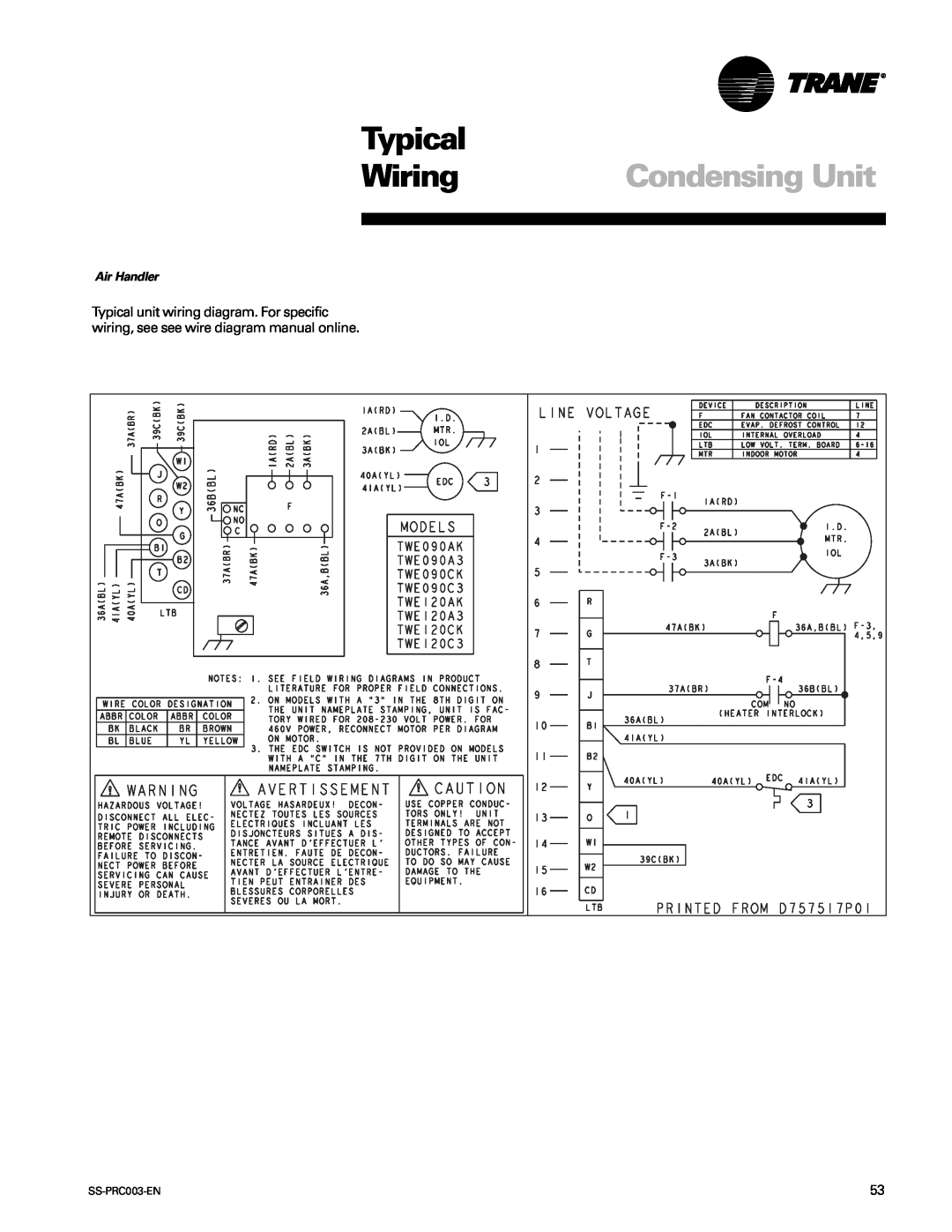 Trane SS-PRC003-EN manual Typical, Wiring, Condensing Unit, Air Handler 