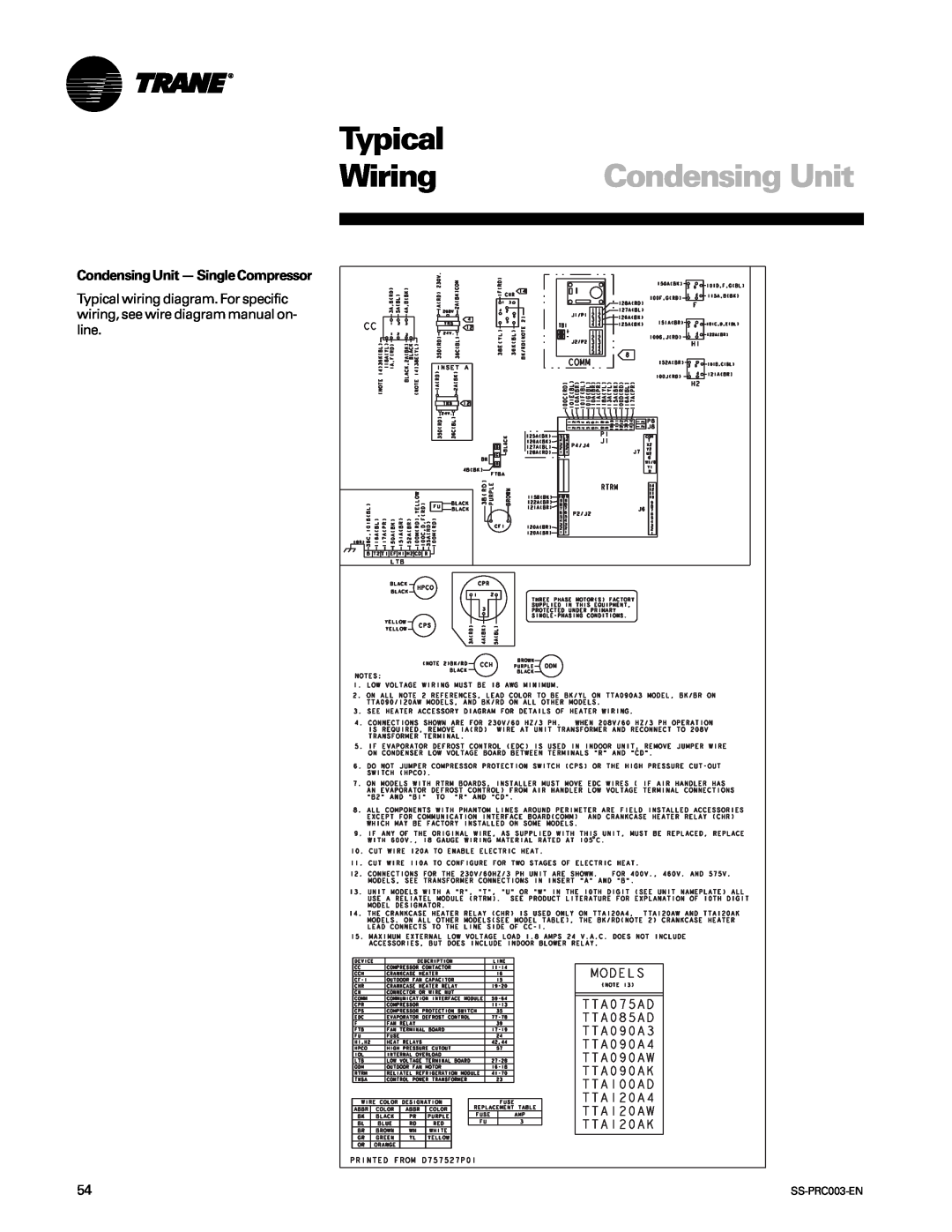 Trane SS-PRC003-EN manual Condensing Unit - Single Compressor, Typical, Wiring 