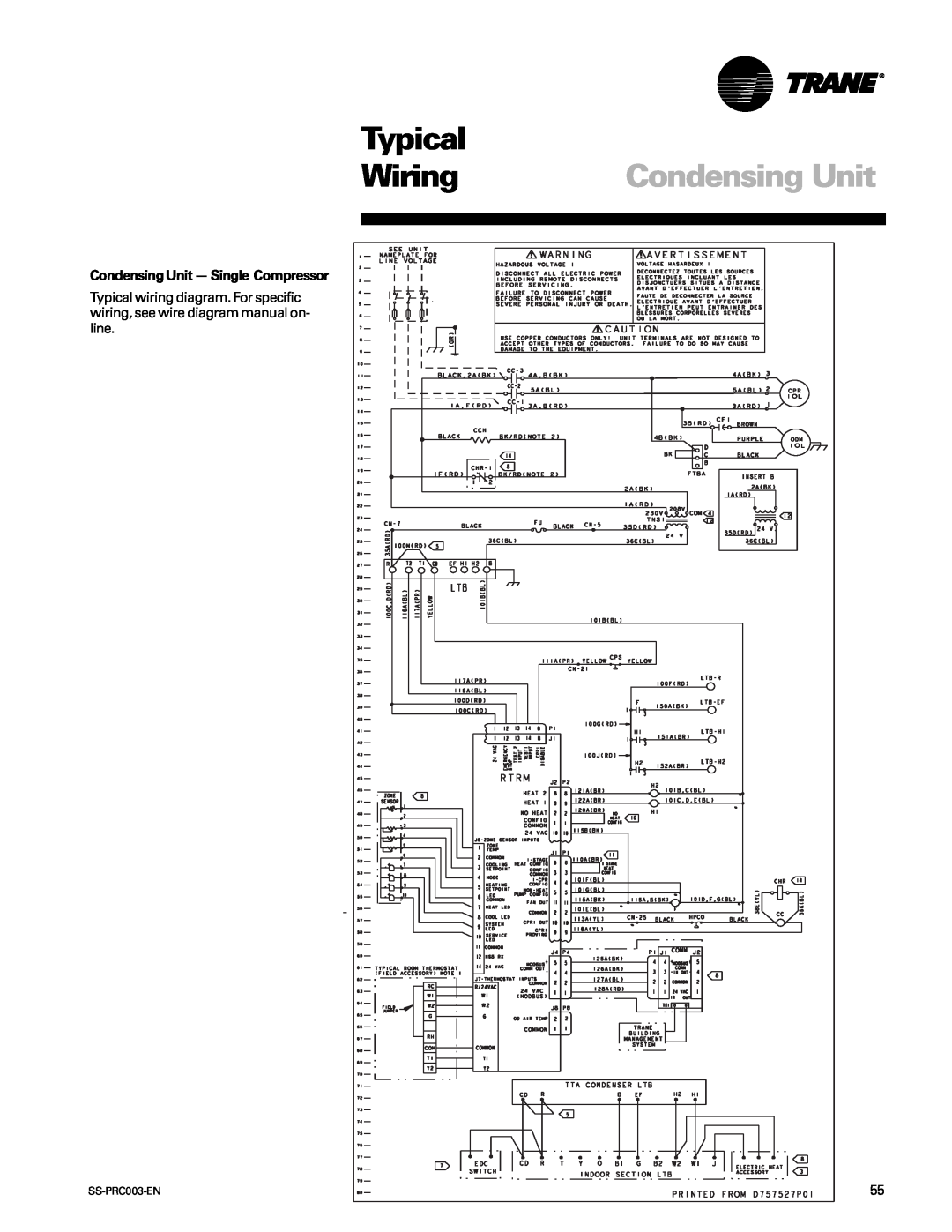 Trane SS-PRC003-EN manual Typical, Wiring, Condensing Unit - Single Compressor 