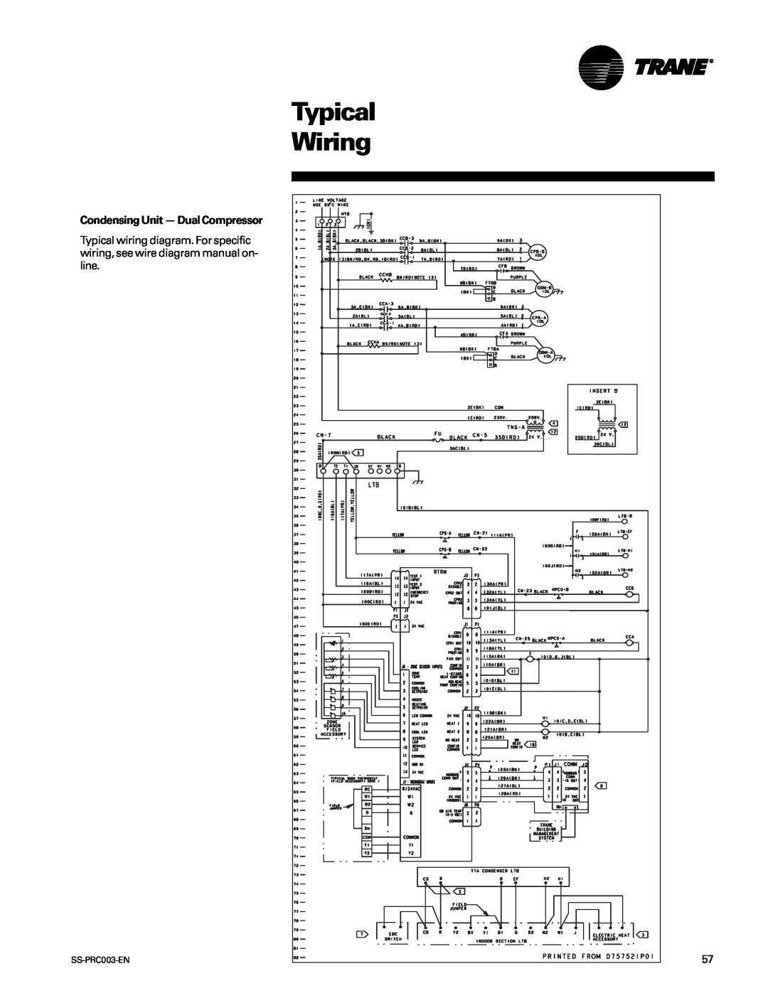 Trane SS-PRC003-EN manual Typical Wiring, Condensing Unit - Dual Compressor 