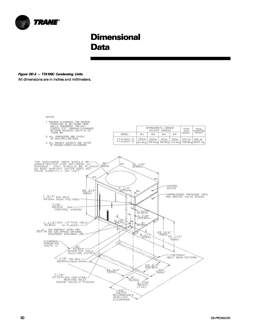 Trane SS-PRC003-EN manual Dimensional Data, Figure DD-3- TTA100C Condensing Units 