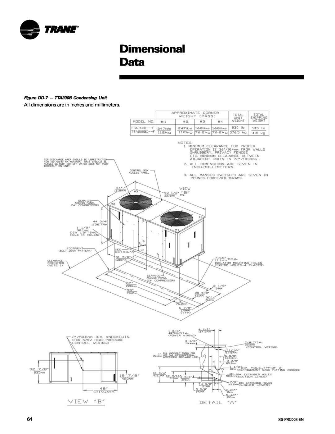 Trane SS-PRC003-EN manual Dimensional Data, Figure DD-7- TTA200B Condensing Unit 